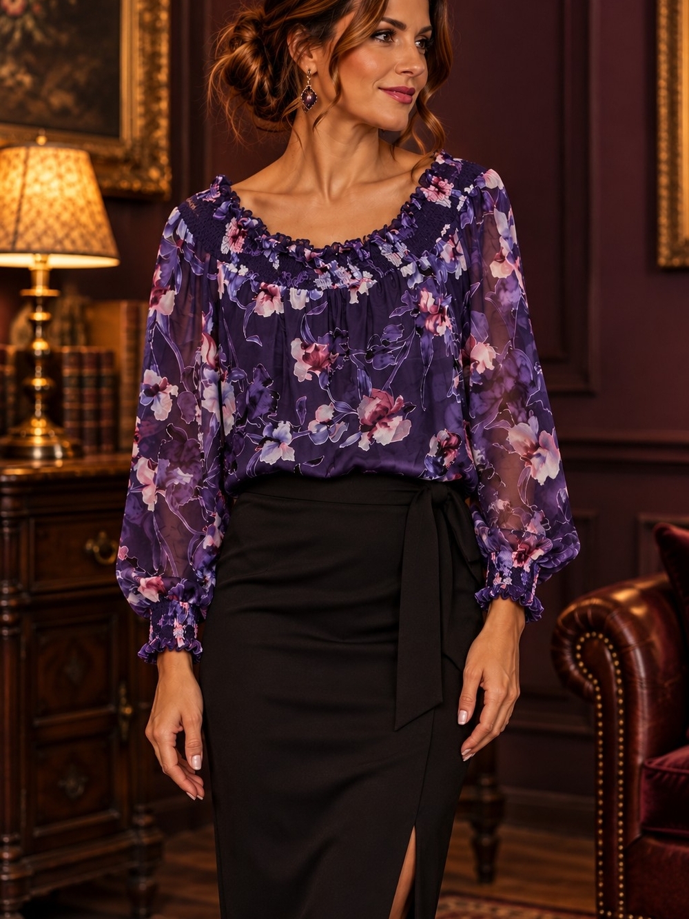 Floral Silk Blend Blouse Romantic Dark Academia Sheer  Romance